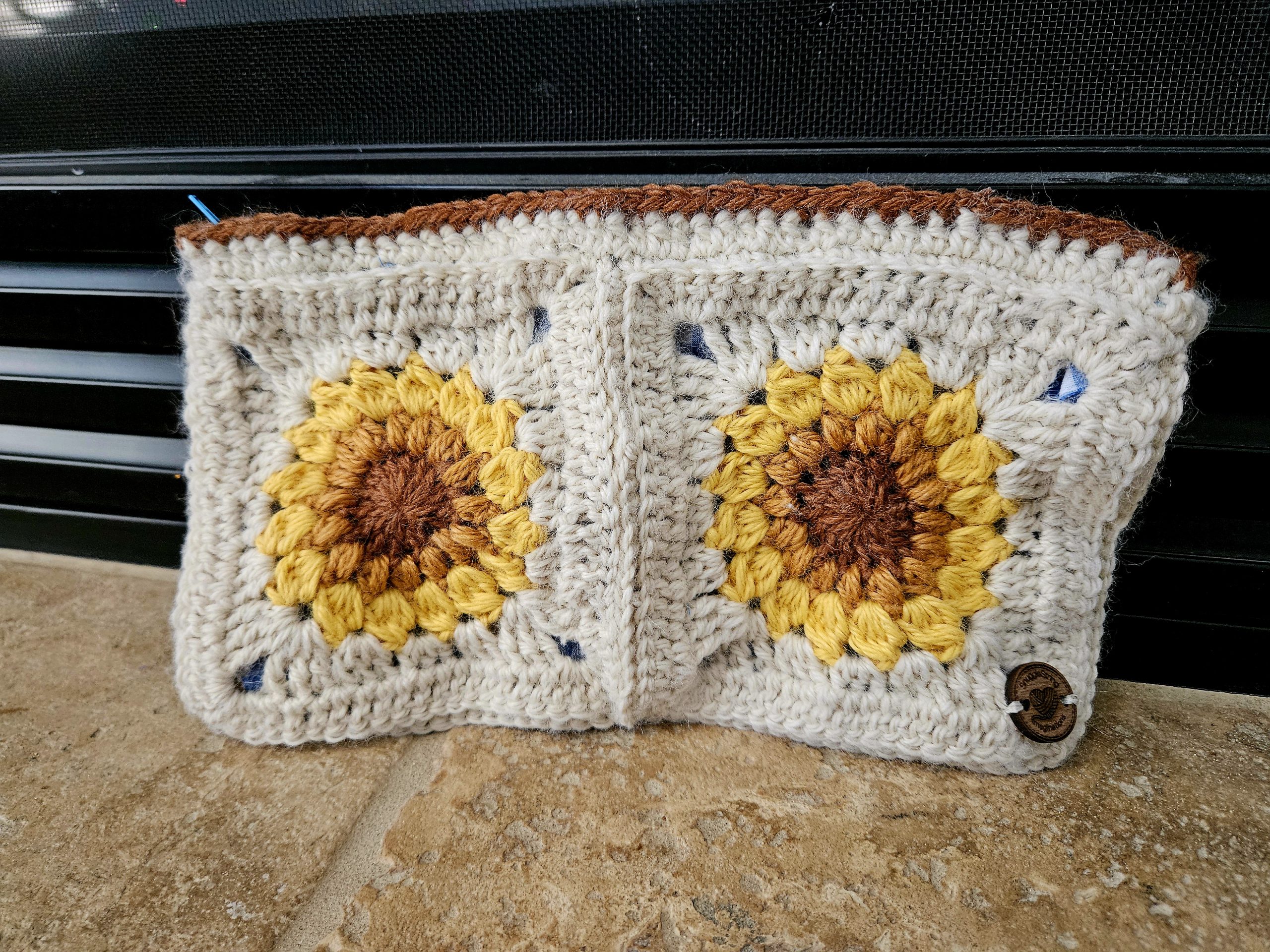 Cream Crocheted Sunflower Clutch